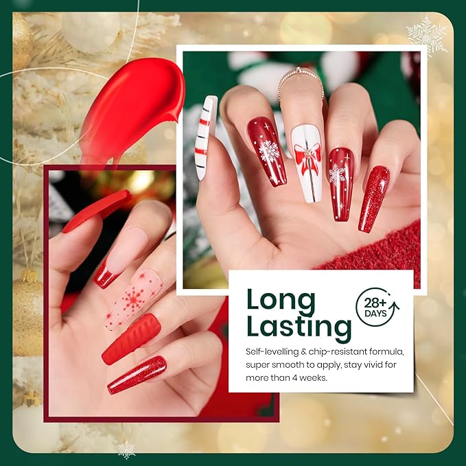 Beetles Christmas Gel Polish Set - Stain Carol Collection, Sparkle Red Green Colors Polish Kit Soak Off UV LED Manicure Gift with Nail Strengthener Gel