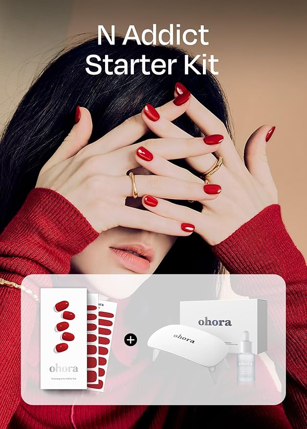 ohora Bundle Set (N Addict Starter Kit) - Red Solid Gel Nail Strips with UV/LED Lamp and Mini Remover, Salon-Quality, Long Lasting, Easy to Apply & Remove - Includes Prep Pads, Nail File, Wooden Stick