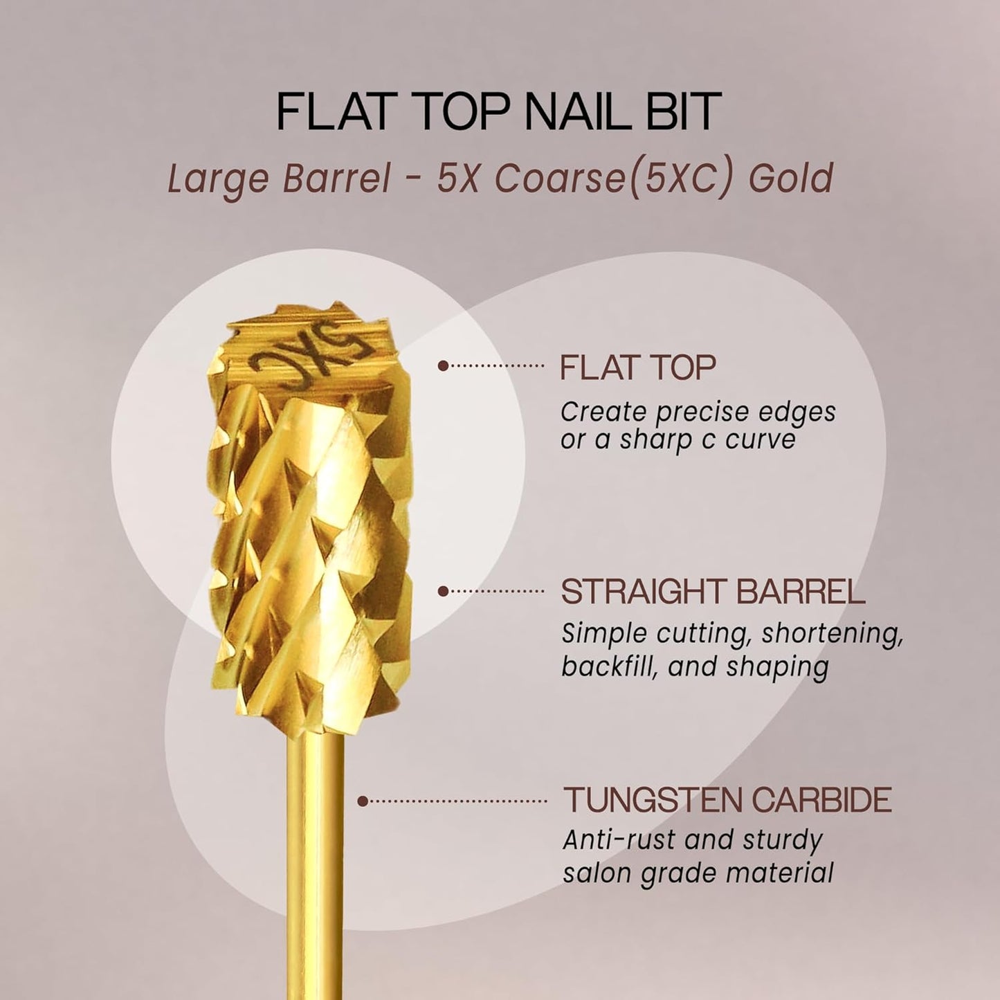 USA PANA 3/32" Shank Size Professional - Flat Top Large Barrel Carbide Bit 5X Coarse to Extra Fine Grit - Nail Drill Bit for Dremel Machine (5X Coarse, Gold)
