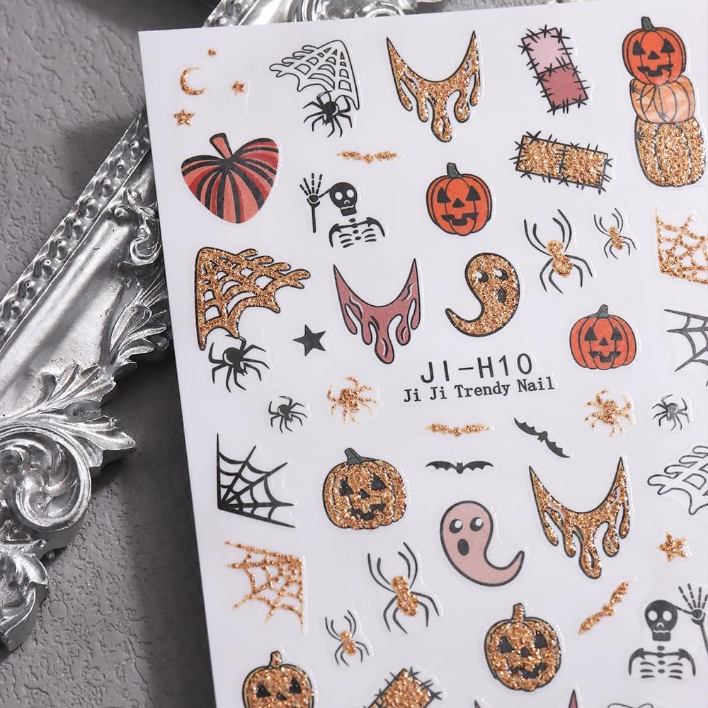 Halloween Nail Stickers for Nail Art, 3D Self-Adhesive Halloween Nail Decals Nail Art Supplies 6PCS Glitter Pumpkin Spider Web French Tip Cute Design Holiday Sticker for Women DIY Manicure Decorations