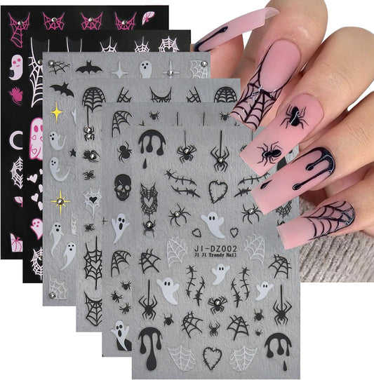 Halloween Nail Stickers for Nail Art Kit - 6Sheets Cute Ghost Nail Decals 3D Self-Adhesive Horror Skull Spider Web Bat Pumpkin Star Moon Designs DIY Nail Art Tips Nail Supplies for Halloween Party