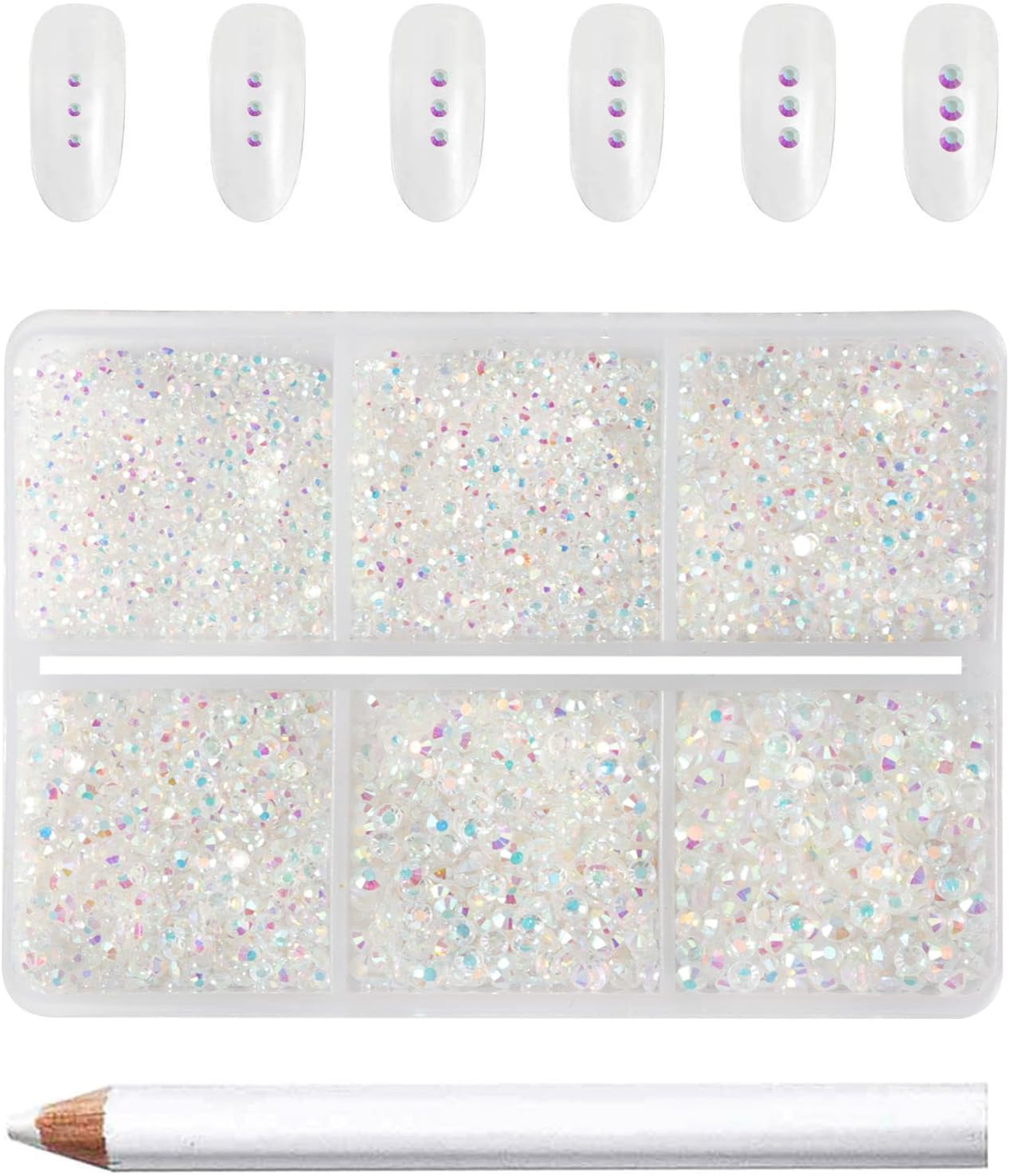 Beadsland 7200pcs Flatback Rhinestones,Transparent Rhinestone Nail Gems Round Crystal Rhinestones for Crafts,Mixed 6 Sizes with Wax Pencil Kit, SS3-SS10,Transparent AB