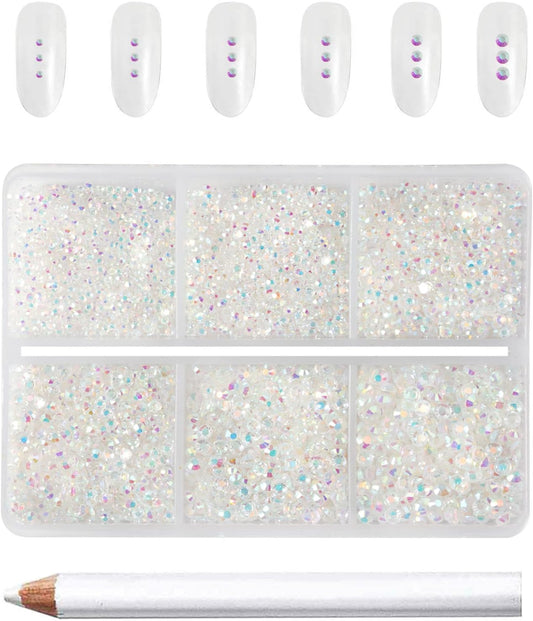 Beadsland 7200pcs Flatback Rhinestones,Transparent Rhinestone Nail Gems Round Crystal Rhinestones for Crafts,Mixed 6 Sizes with Wax Pencil Kit, SS3-SS10,Transparent AB