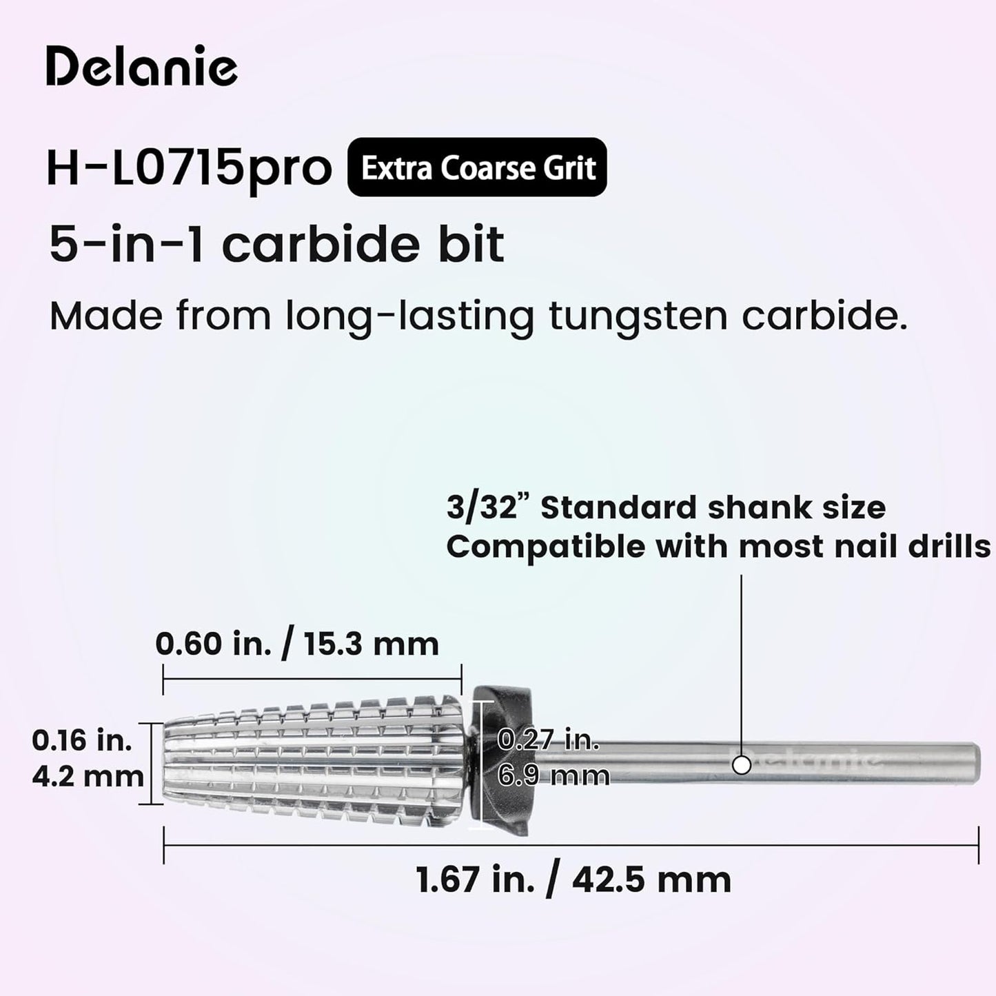 Delanie 5-in-1 Carbide Nail Drill Bit for Professional Nail Tech, 3/32", Extra Coarse Grit