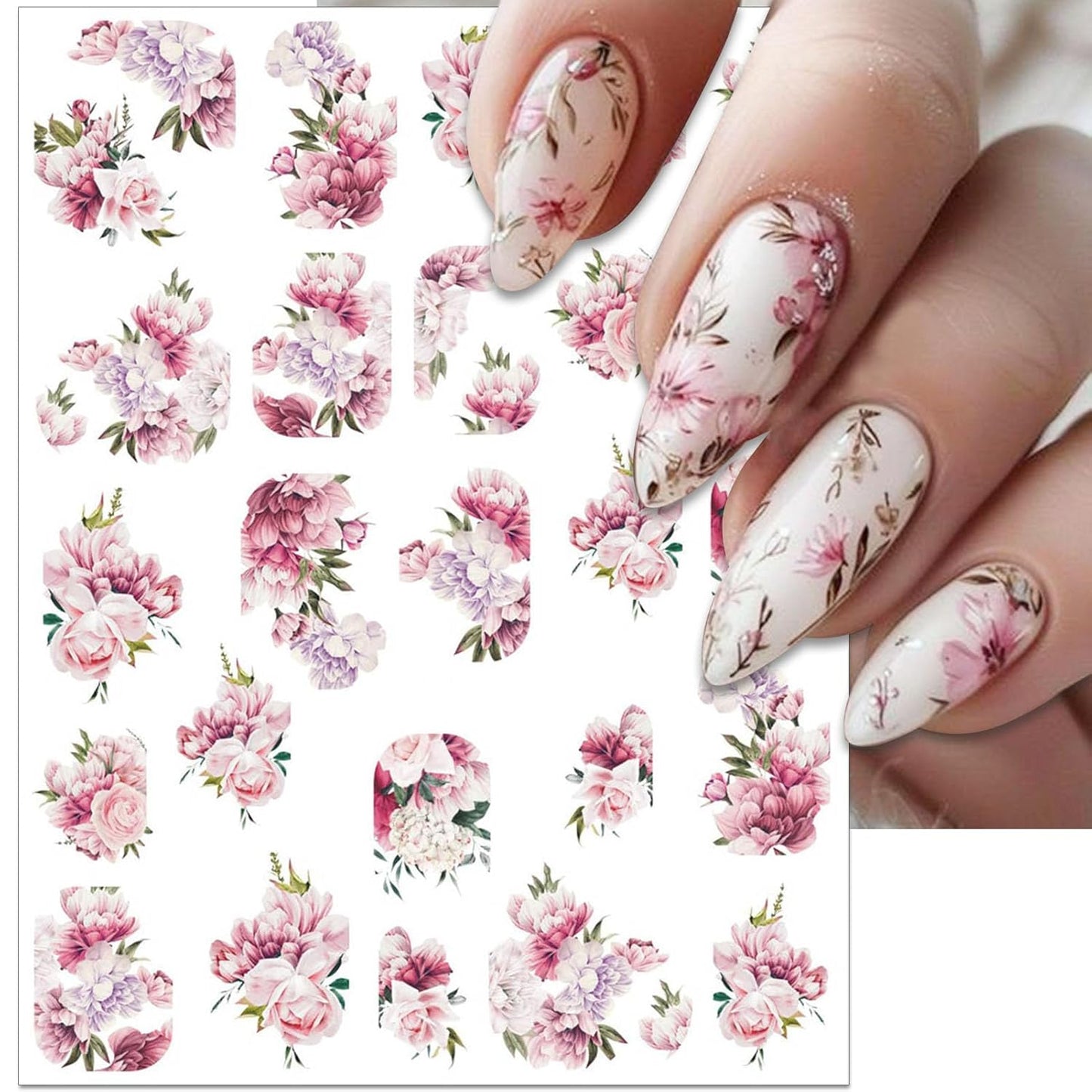 Peony Flower Nail Art Stickers - Pink Floral Leaf Self-Adhesive 3D Nail Decals for DIY Spring Summer Manicure (6 Sheets)