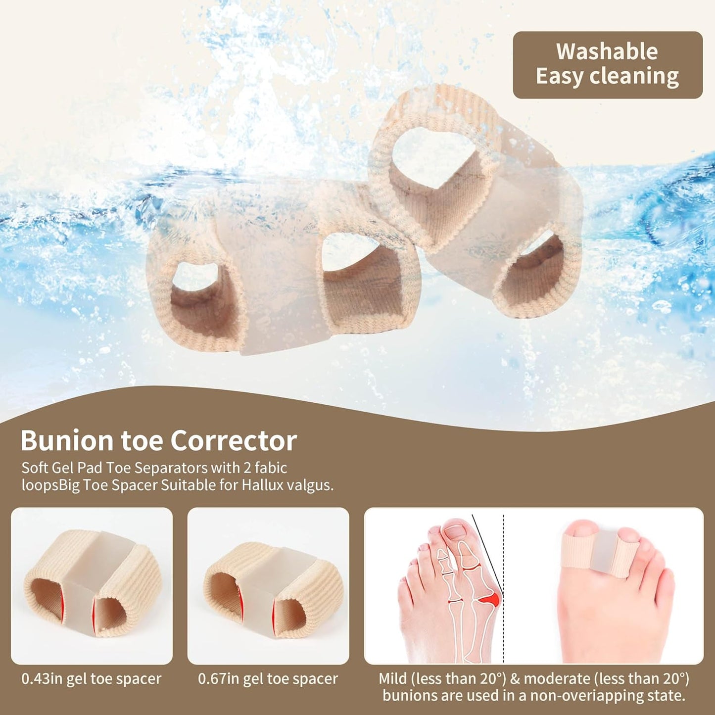 FOYOLO Gel Toe Separators Bunion Corrector with 2 Loops be Made of Elastic Fabric Material 2PCS Toe Corrector for Big Toes, Toe Spacers Suitable for Hallux valgus, Foot Pain,Corns (L)
