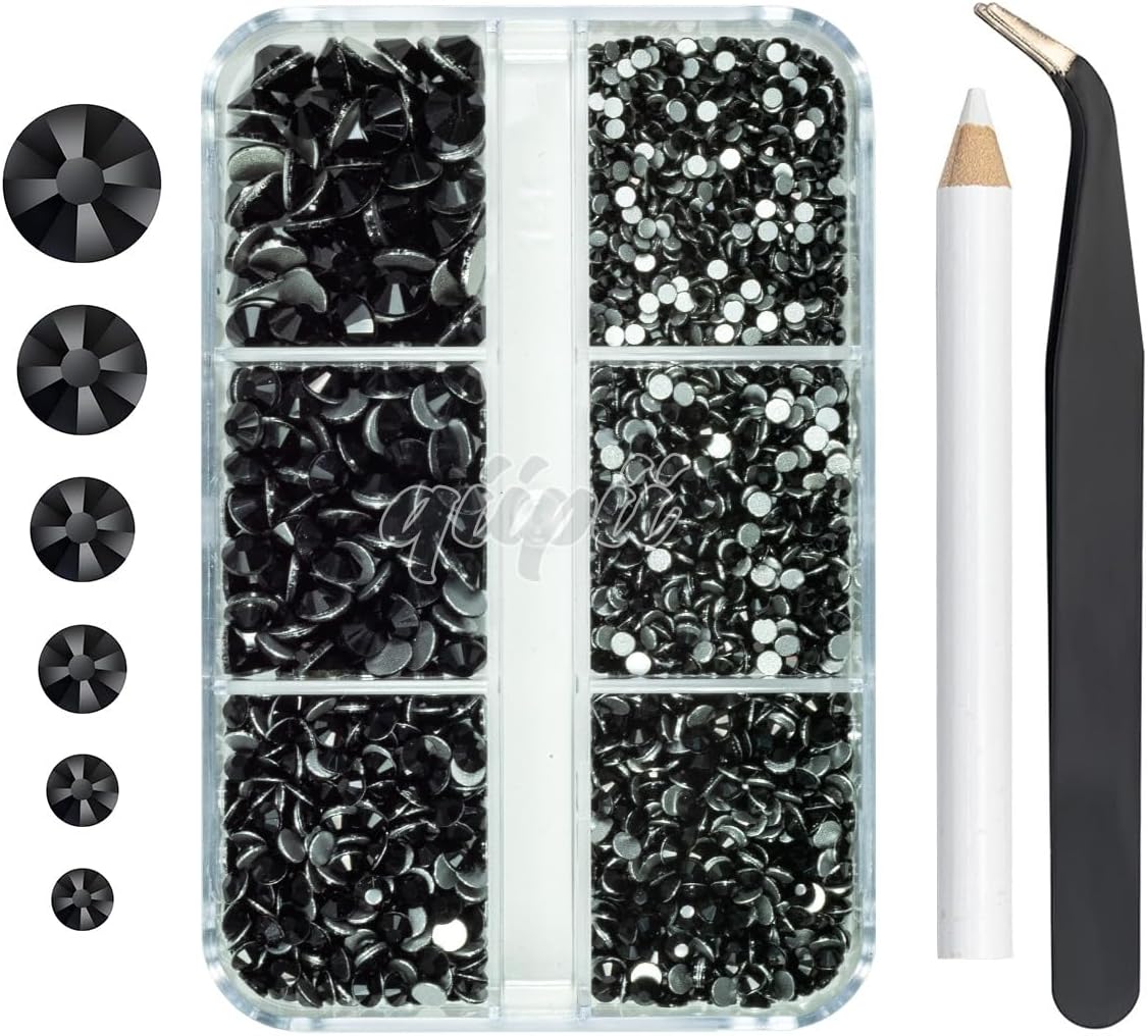 2550pcs Jet Black Nail Art Flatback Rhinestones for Face Makeup Pure Black Nail Gems Gemstones K9 Glass SS4~SS20 6 Sizes Dark Black Diamonds Stones w Tweezer & Picking Pen for Nails DIY Crafts