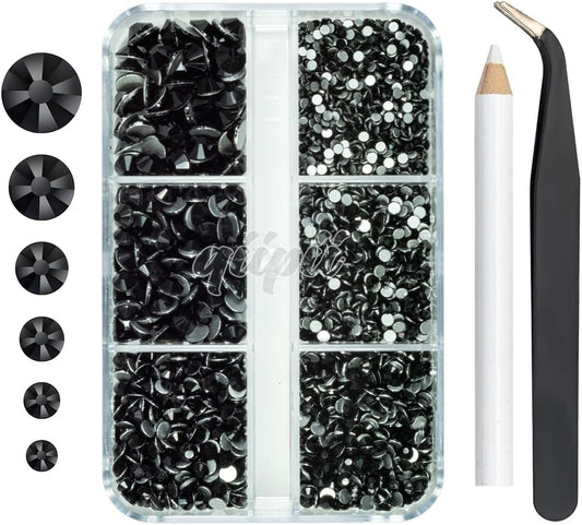 2550pcs Jet Black Nail Art Flatback Rhinestones for Face Makeup Pure Black Nail Gems Gemstones K9 Glass SS4~SS20 6 Sizes Dark Black Diamonds Stones w Tweezer & Picking Pen for Nails DIY Crafts