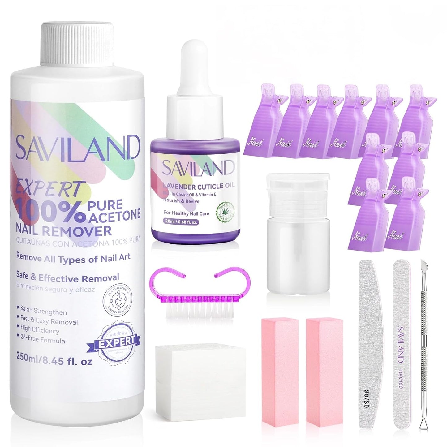 SAVILAND Pure Acetone Nail Polish Remover Kit: Gel Polish Remover with Professional Nail Polish Removal Tools Safe Gel Remover for Nails Fast & Easy Removal with Cuticle Oil Salon Home DIY 250 ML