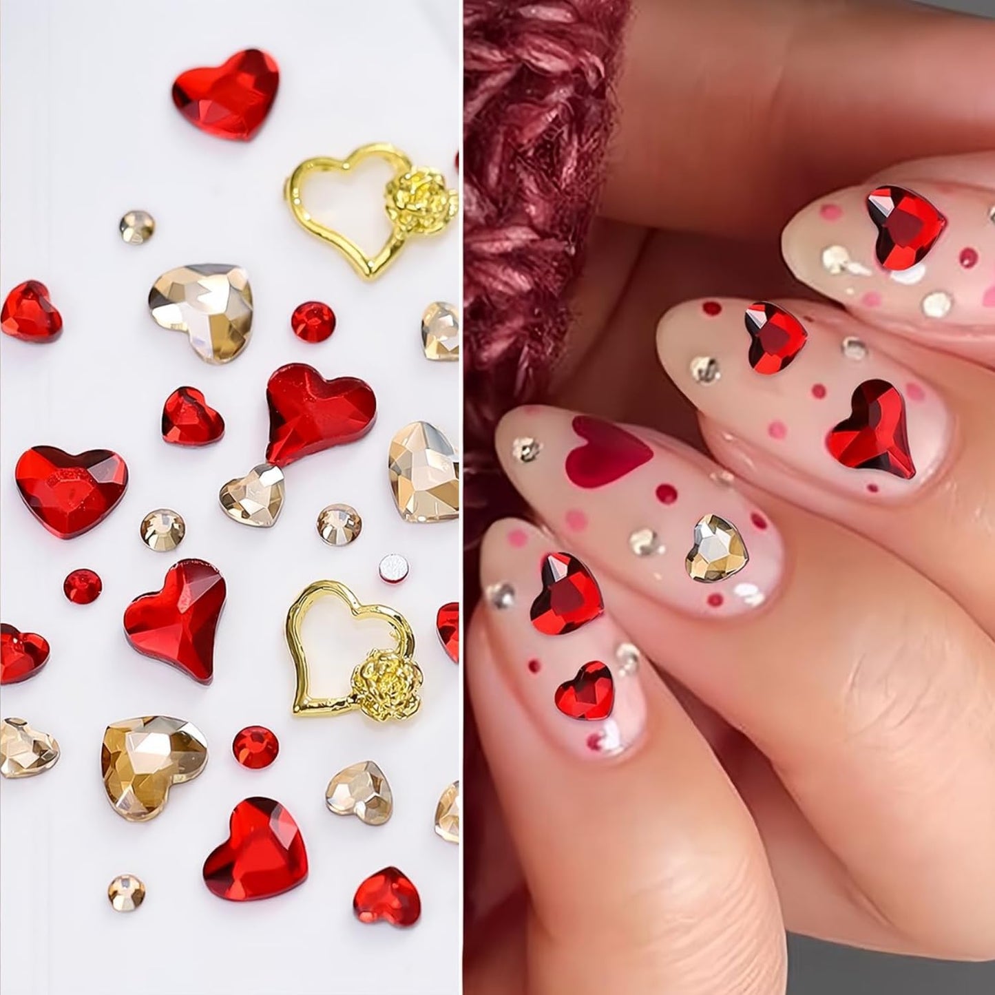 767Pcs Valentine's Day Nail Art Charms Gold Red Heart Rhinestones for Acrylic Nails Gems for Women Girls DIY Manicure Decoration