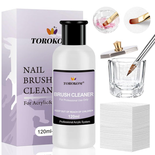 TOROKOM Acrylic Nail Brush Cleaner, 4 OZ Acrylic Brush Cleaner Nail Brush Cleaner Conditioner with Dappen Dish and Nail Cleaning Pads for Quickly Clean Gel Polish, Nail Extension Gel, Acrylic Nails