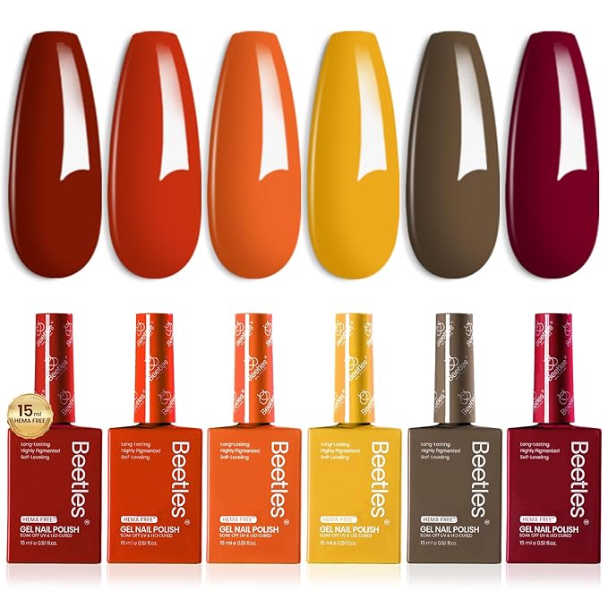 Beetles Orange Gel Nail Polish Set 6 Colors Burgundy Brown Dark Red Yellow Light Orange Fall Gel Polish Kit Soak Off UV LED Hema Free DIY Home Salon Gift for Women Autumn Dusk