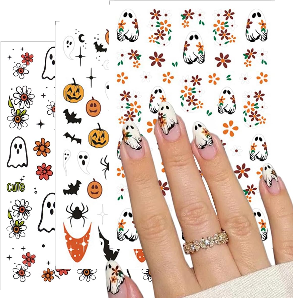 6 Sheets Halloween Nail Stickers Cute Ghost Pumpkin Nail Decals 3D Self-Adhesive Star Spider Bat Flowers Nails Stickers Fall Halloween Nails Art Supplies for Women Holiday DIY Manicure Decorations