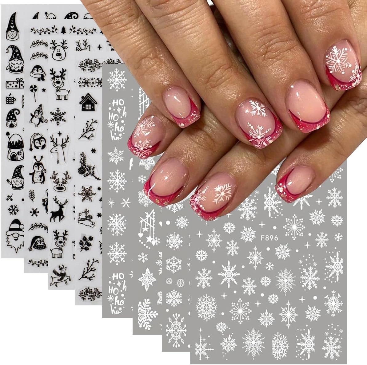 8Sheets Snowflake Nail Art Stickers 3D Xmas Nail Decals White Glitter Snow Nail Design Cartoon Elk Snowflake Snowman Bell Reindeer Sticker Foil Manicure Winter New Year Christmas Nail Decoration