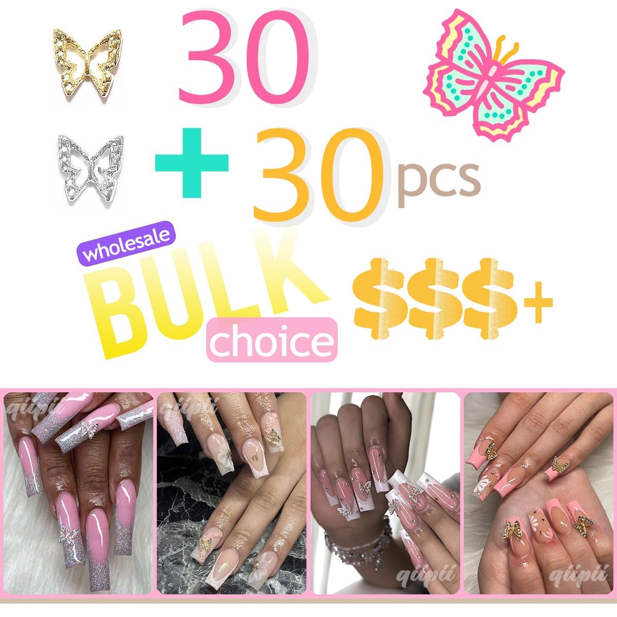 60pcs Bulk 3D Golden & Silver Butterflies Charms for Acrylic Nails & DIY Crafts