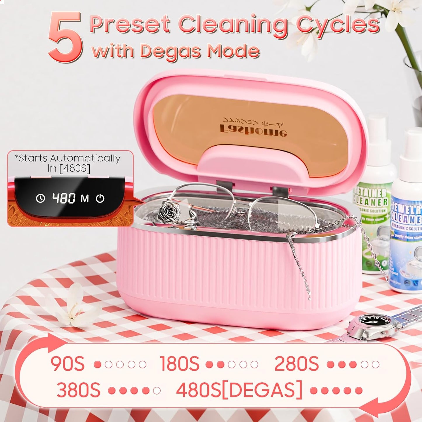 550ml Ultrasonic Cleaner | 45kHz Professional Cleaning with 3 Power Modes, LED Display, Degas & 5 Timer Settings | for Jewelry, Eyeglasses, Dentures, Watches | 7oz Ultrasonic Cleaner Solution