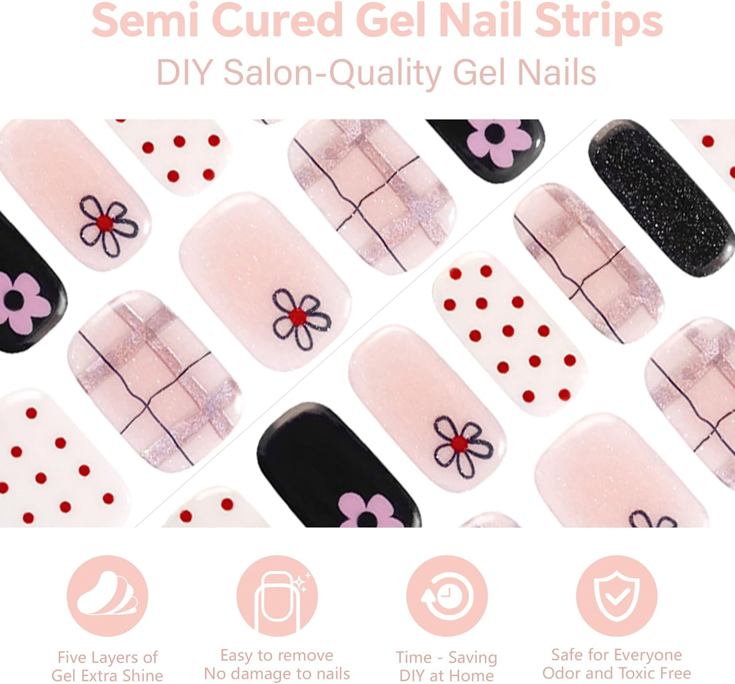 Semi Cured Gel Nail Strips-Variety Press on Nails Set Floral Print, Polka Dot & Minimalist Design, Short Almond Semi Gel Nails, French Manicure Alternative(Floral Fantasy）