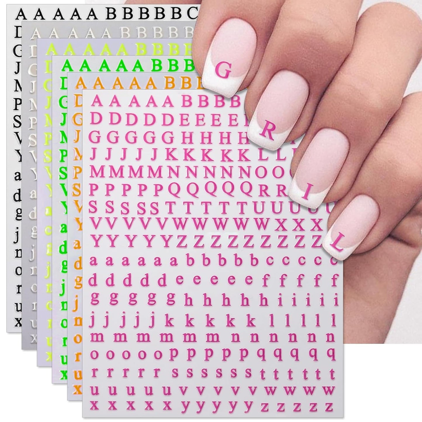Letter Nail Art Stickers - 3D English Alphabet Nail Decals for DIY Part of Fluorescence Acrylic Manicure Holographic Nail Decorations(6 Sheets)