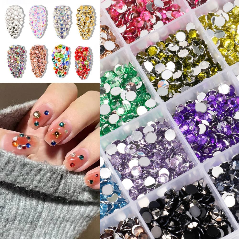 24000Pcs Nail Art Rhinestones, BetterJonny 24 Colors 3mm Round Nail Flatback Rainbow Gems Set with Tweezers and Pencil AB Glitter Flat-Bottomed Rhinestone for Crafts Decoration and Jewelry Making