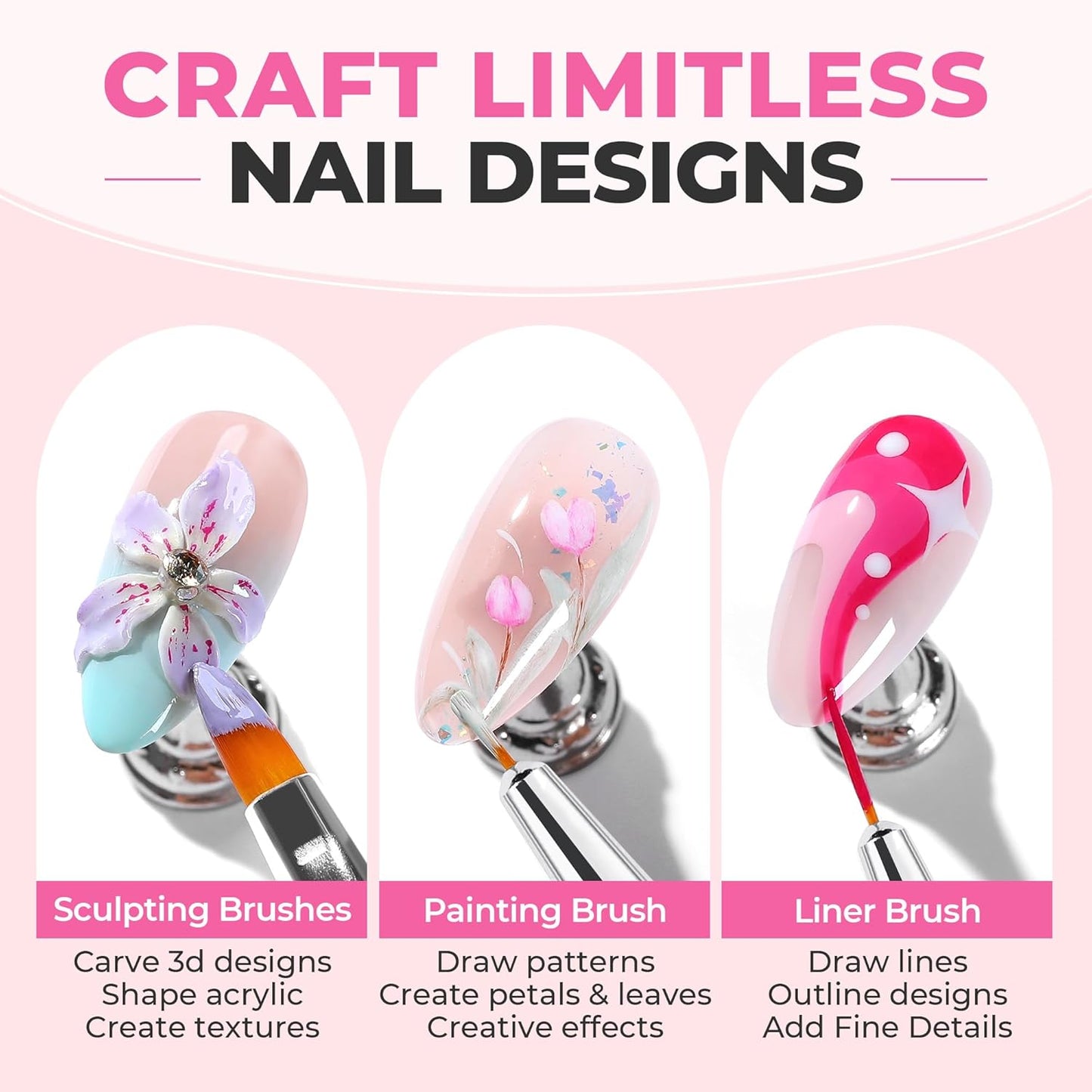 UNA GELLA Nail Art Brushes Set 6PCS Black Color Double-ended Acrylic Nail Design Brush Set Nail Dotting Tools Nail Art Gel Polish Liner Brushes for Gel Polish Painting DIY Nail Salon