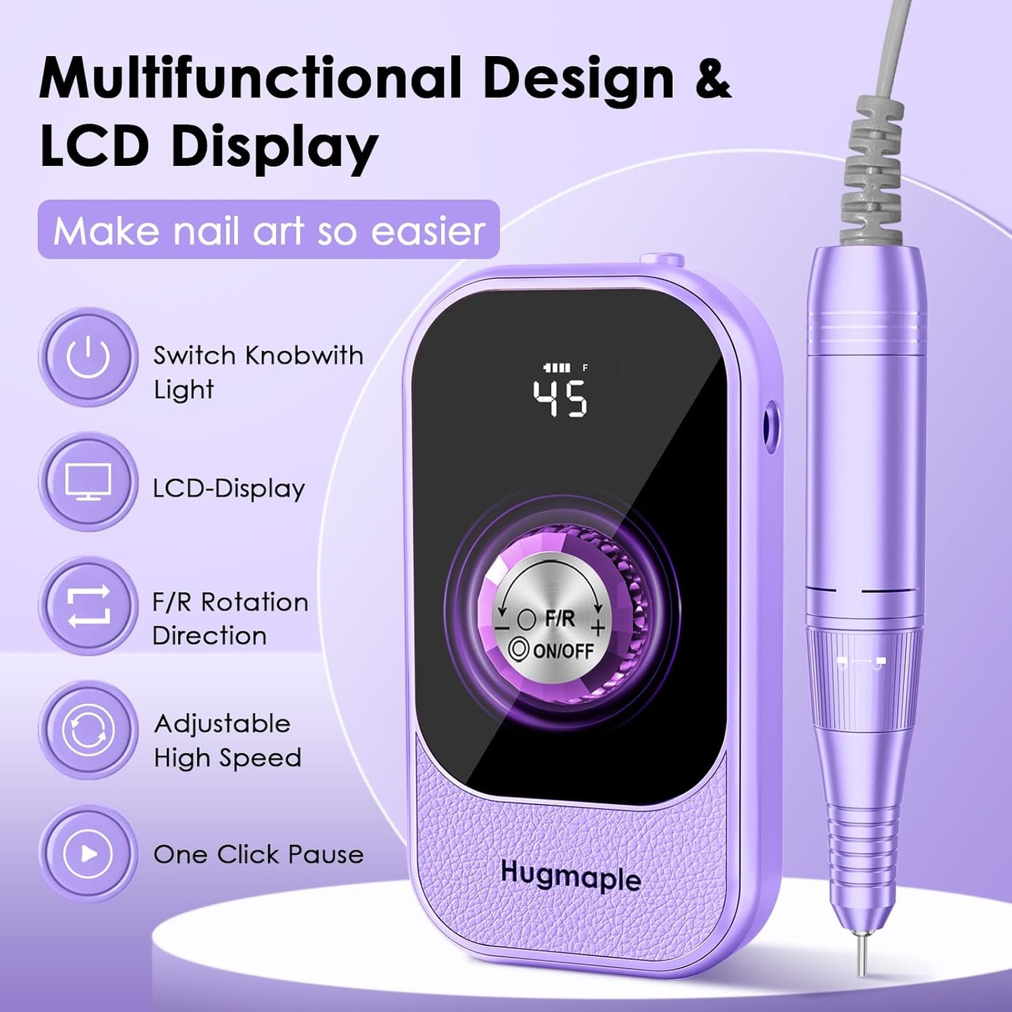 Professional Electric Nail Drill File, HUGMAPLE 45000RPM Portable E-File Machine with Bits & Base, Cordless Rechargeable Nail Drill Kit for Shaping, Removing & Polishing Gel Nails Salon Home (Purple)