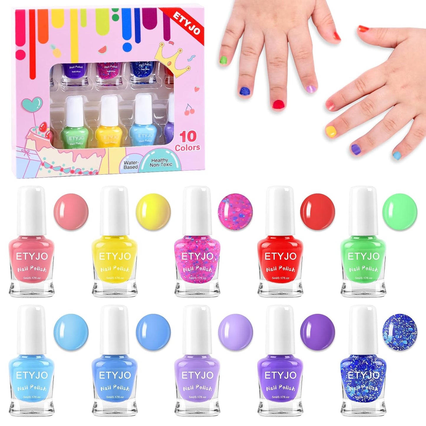 Kids Nail Polish - Water-Based Nail Polish 10 Colors Toddler Nail Polish Kit, Non-Toxic, Quick Dry, Peel Off, DIY Nail Polishs Gifts Kit for Girls Ages 3+