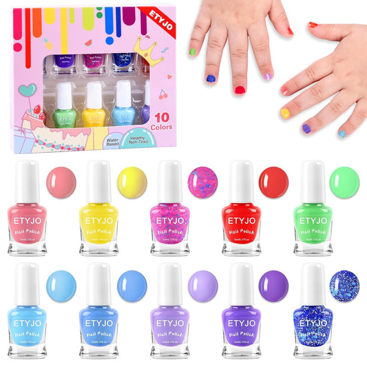 Kids Nail Polish - Water-Based Nail Polish 10 Colors Toddler Nail Polish Kit, Non-Toxic, Quick Dry, Peel Off, DIY Nail Polishs Gifts Kit for Girls Ages 3+