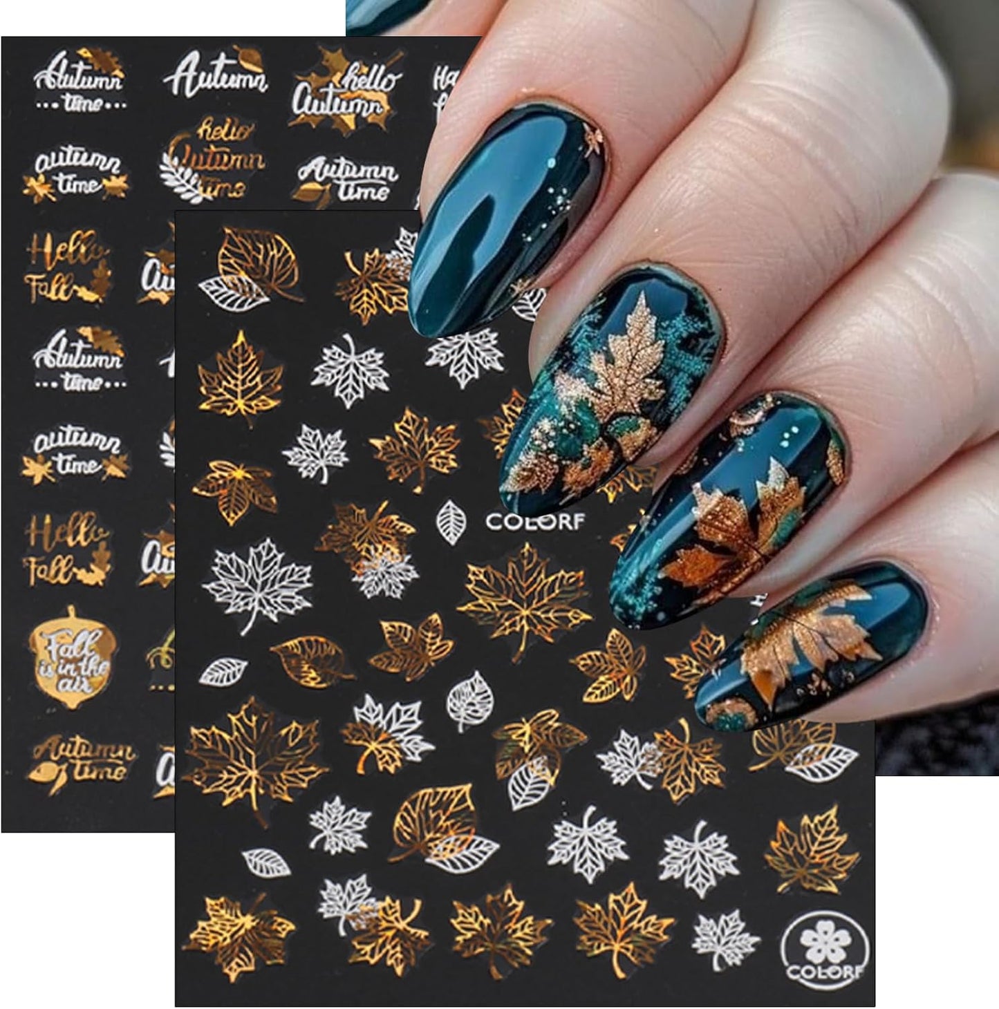 9 Sheets Bronzing Fall Nail Art Stickers 3D Glitter Metallic Maple Leaf Nail Stickers Autumn Laser White Gold Leaves Flower Nail Designs Thanksgiving Holiday Sticker for Women Manicure Tips