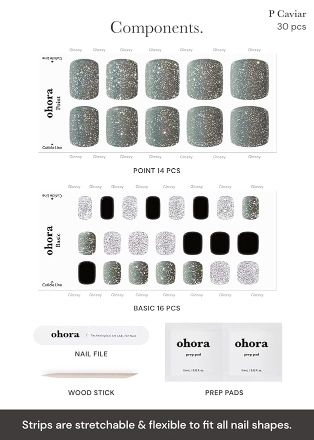 ohora Semi Cured Gel Pedi Strips (P Caviar) - Works with Any Nail Lamps, Salon-Quality, Long Lasting, Easy to Apply & Remove - Includes 2 Prep Pads, Nail File & Wooden Stick - Glitter Nails
