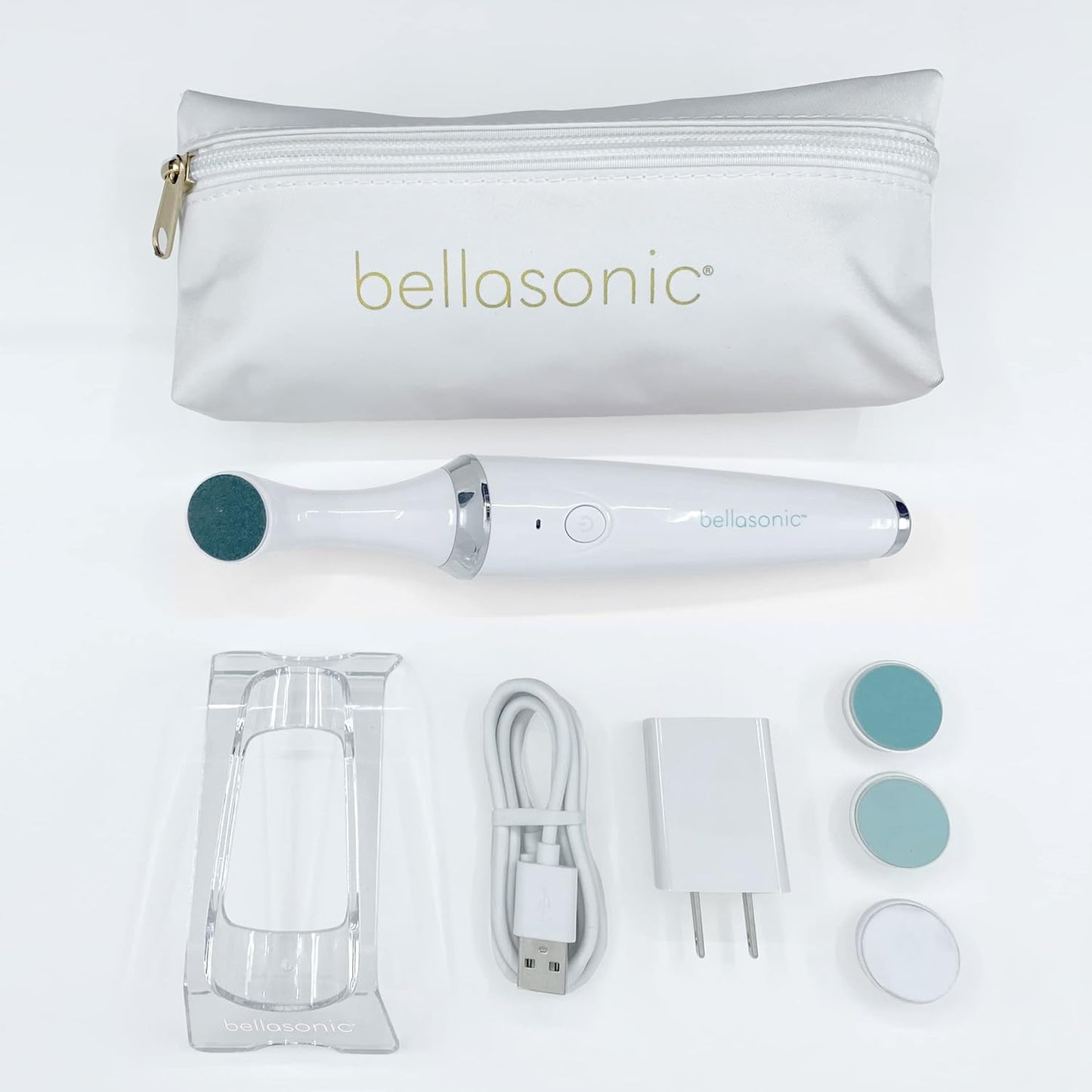 BELLASONIC 4-in-1 Rechargeable Electric Nail File Set with Travel Pouch – Unique Oscillating Head – Shape, Smooth, Buff & Shine Nails – Remove Cuticles & Calluses (White/Silver)
