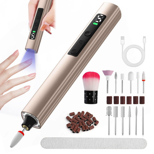 SUPERNIGHT Cordless Electric Nail Drill with UV Light Lamp, 14 in 1 Electric Nail File Drill, 5 Speed LCD Display Rechargeable Professional Manicure Pedicure Kit(Gold)