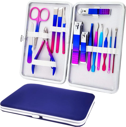 Manicure Set, Professional Nail Clippers Kit, Pedicure Care Tools, Professional Women Grooming Kit -Premium Stainless Steel with Blue Travel Case Set 15PC Great Gift(Colorful)