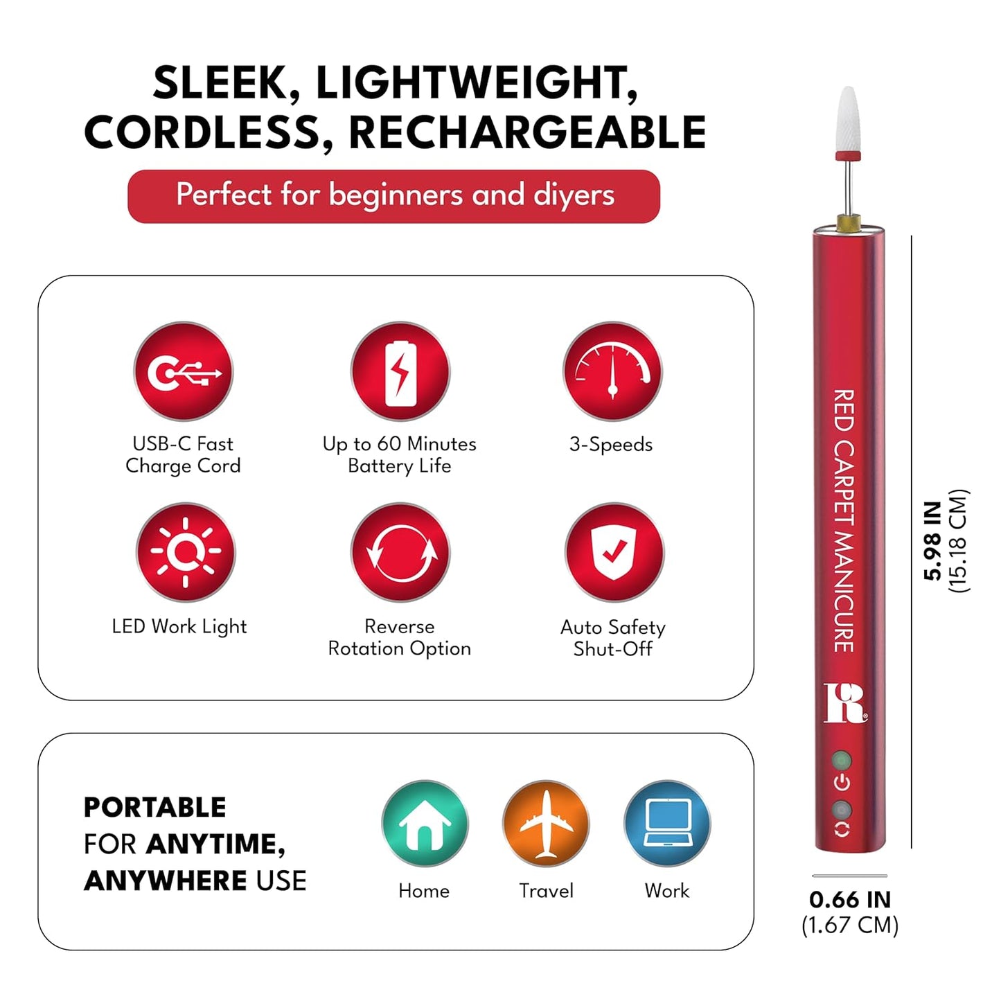RC Red Carpet Manicure E-File Electric Nail File - Lightweight, Portable Nail Drill, Shaping, Filing, Gel Removal - 12 Interchangeable Bits & 6 Sanding Bands.