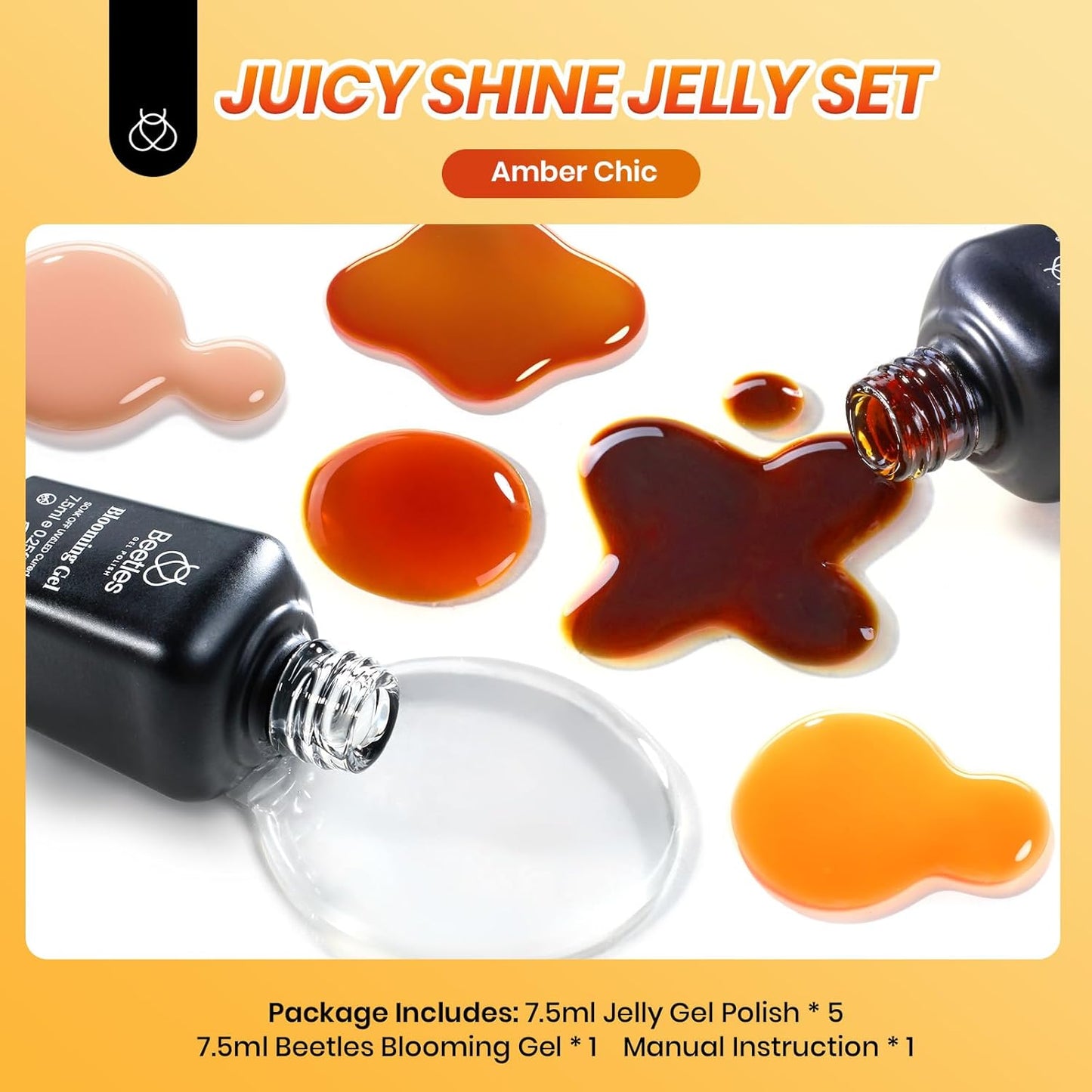 Beetles Fall Gel Nail Polish Set – Amber Chic Jelly Gel Polish with Blooming Gel for Marble Effects, 6 Colors Yellow Red Brown Gray Translucent Soak Off UV LED Autumn Nail Art