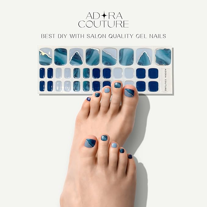 Semi Cured Gel Nail Strips - 32 pcs Gel Pedicure Stickers, Easy to Apply & Remove Toenail Stickers, Salon Quality at Home & Long Lasting - UV Nail Lamp Required - Blue Ocean P