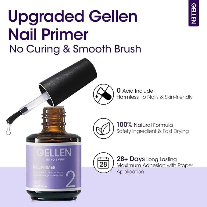 GELLEN Nail Primer No Lift 15ml Hema-Free Acid-free Primer Fast Air Dry Superior Protein Nail Prep Bond Foundation for UV Gel Nail Polish, Press-on Nails and Acrylic Powder Salon DIY Nail Supplies