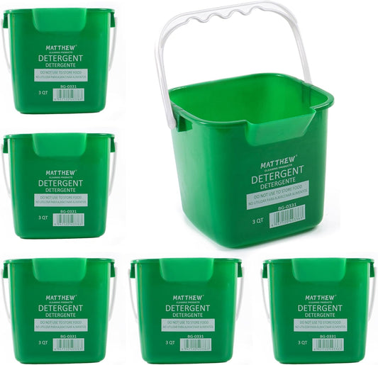 Matthew Detergent and Sanitizing Cleaning Bucket 3 Quart Plastic Pail,Set of 6 Square Containers,Built-in Spout w/Handle,Wash Rinse Sanitize Handwash Bucket for Home Office Commercial (Green)