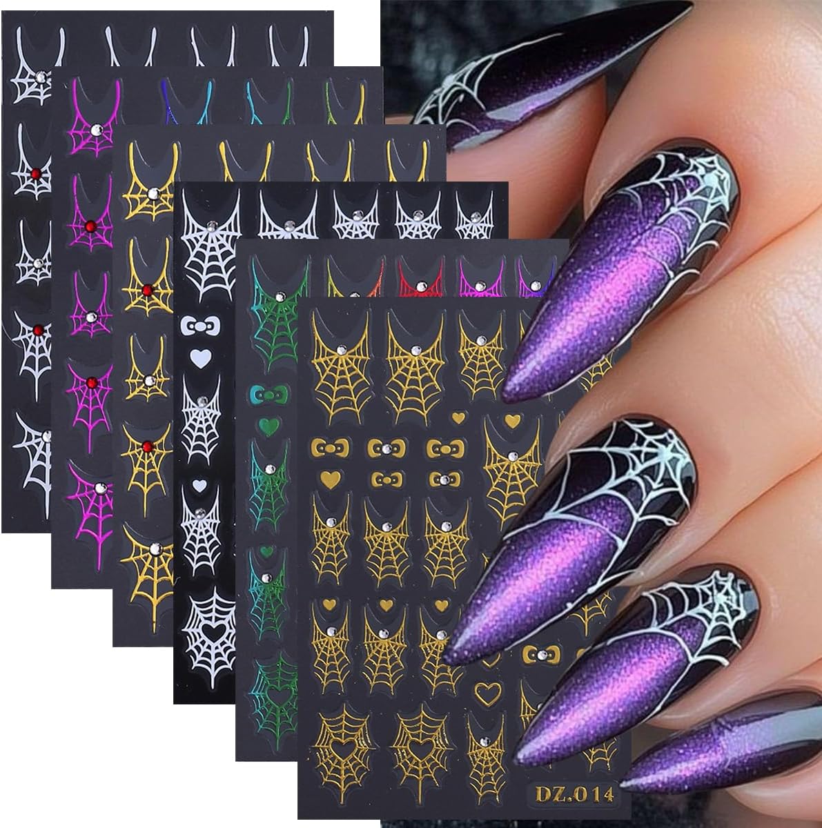 6 Sheets Halloween Nail Art Stickers Decals 3D Self-Adhesive Spider Nail Decals with Rhinestones Designs White Gold Rainbow Bow Spider Web Nails Decorations Holiday Nails Art Supplies for Women Girls