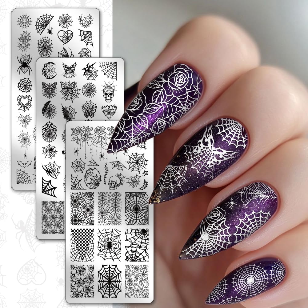 PH PandaHall 3pcs Spider Web Nail Stamping Plates Halloween Nail Art Plates Gothic Skull Nails Image Plates Spooky Cobwebs Patterns Manicure Art Templates for DIY Print Manicures Salon Design