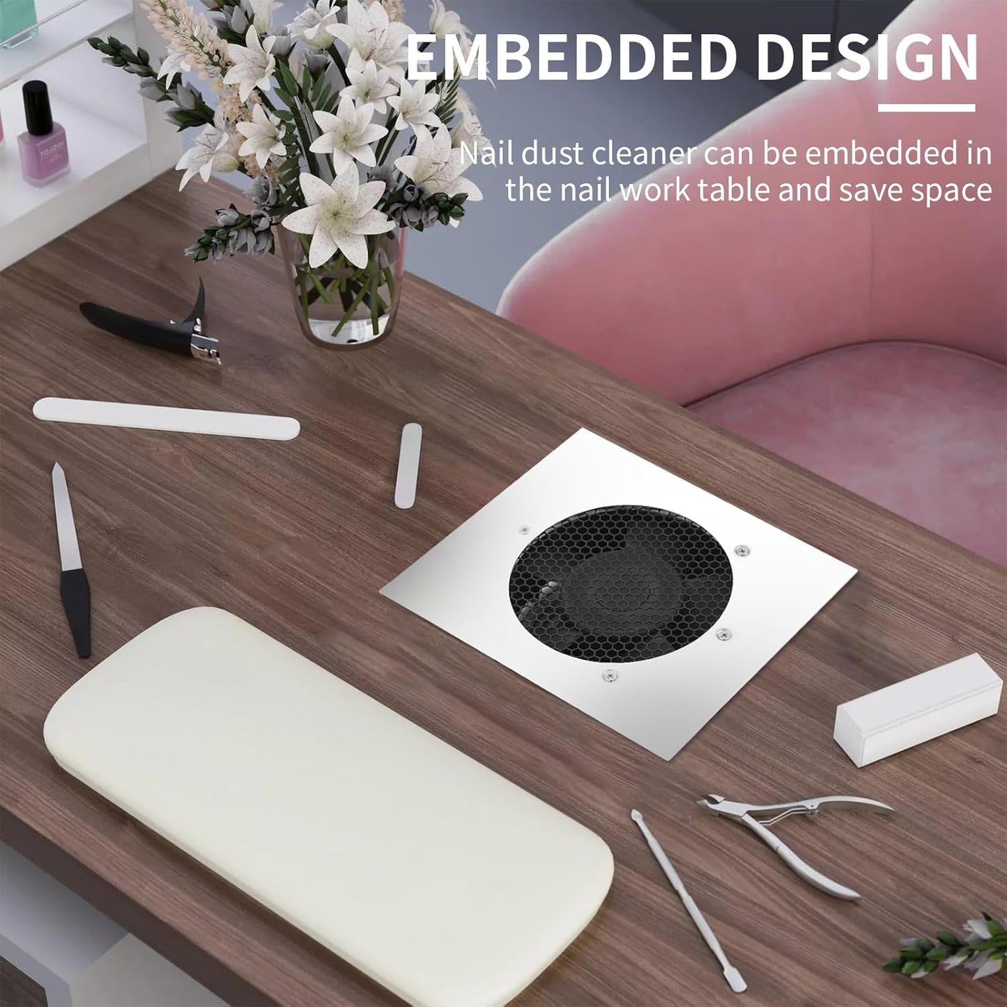 Powerful 80W Nail Dust Collector Built in Table Desk Nail Vacuum Cleaner Professional Table Embedded Dust Extractor Vacuum Built in Desktop Nail Dust Collector Quiet Nail Fan Acrylic Nail Tools