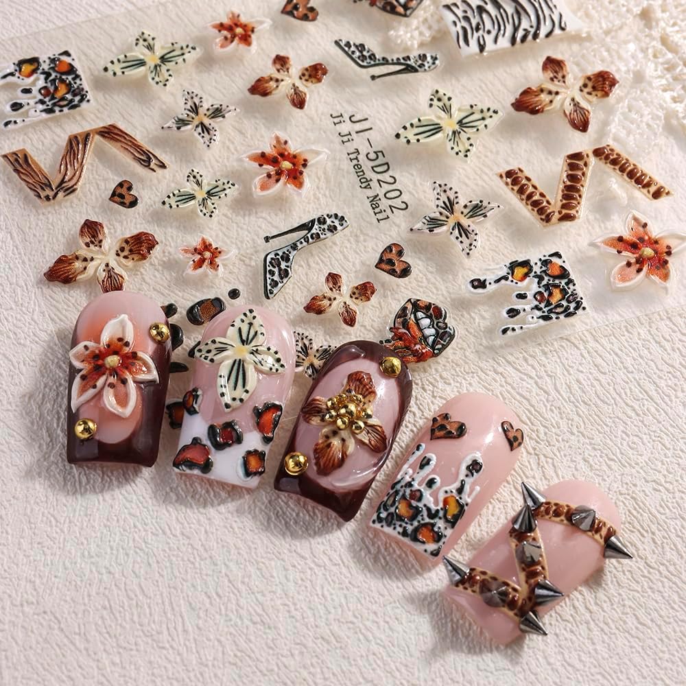 Flower 5D Embossed Nail Art Stickers Decals, 4 Sheets Autumn Winter Brown Hibiscus Flowers Tropical Floral Leopard Print Nail Art Design Self-Adhesive Nail Supplies for Women Girls