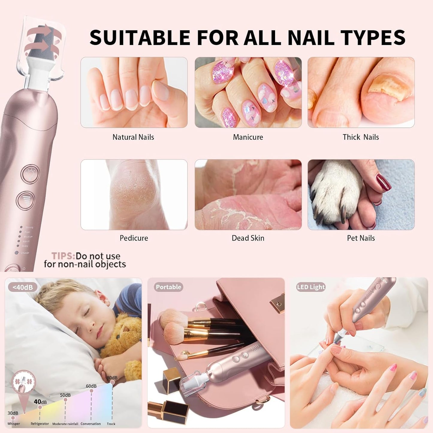 Manicure Pedicure Kit with Case, Professional Nail Grinder for Senior Thick Toenail, Cordless Electric Nail File, 5 Speeds Pedicure Tools for feet Callus Remover, Nail Drill for Women Hand Feet Care