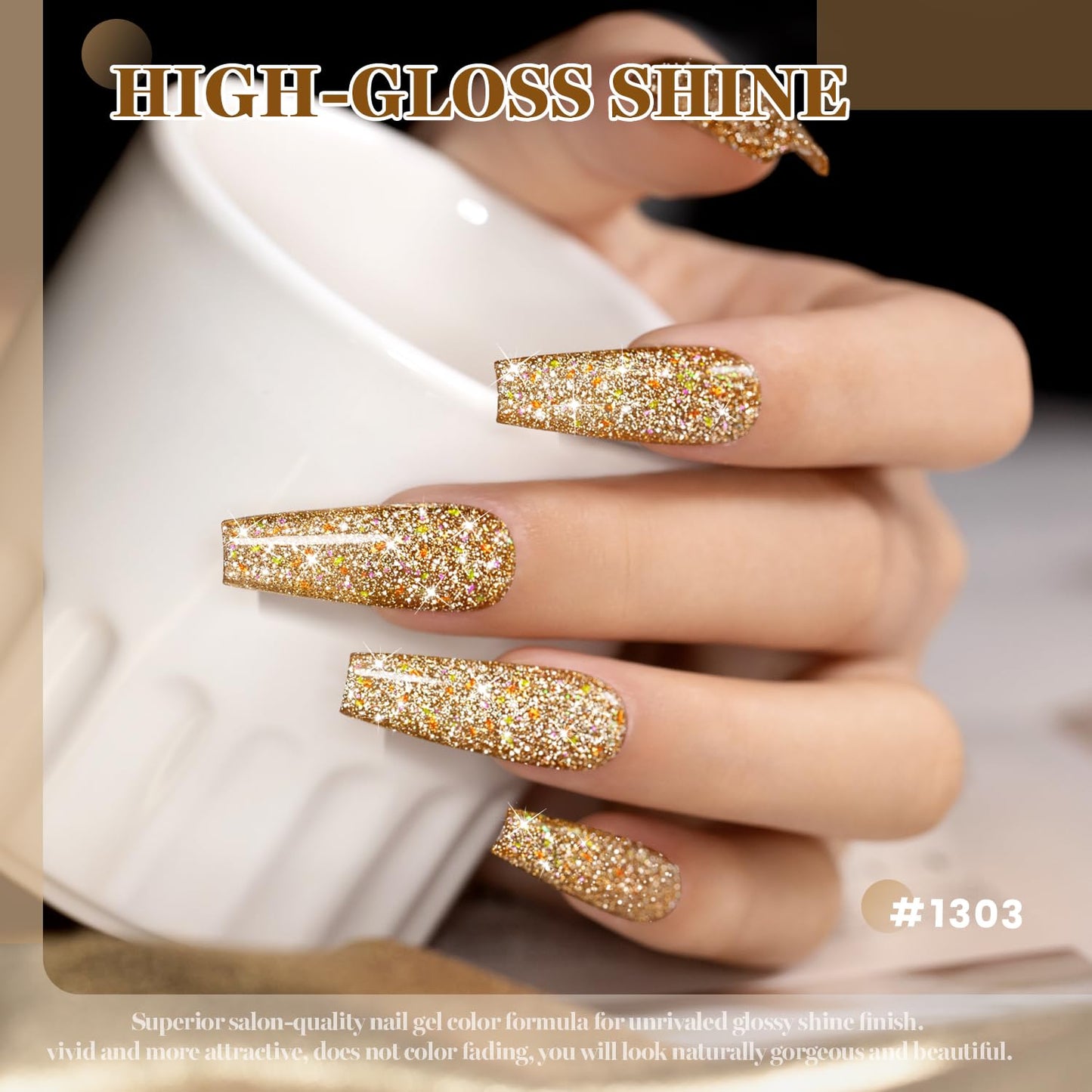 RARJSM Champagne Gold Reflective Glitter Gel Nail Polish Holographic Rainbow Iridescent Sparkle Flash Diamond Shimmer LED UV Soak Off Gelpolish Nail Art Manicure Salon DIY at Home 1pcs 7.5ml