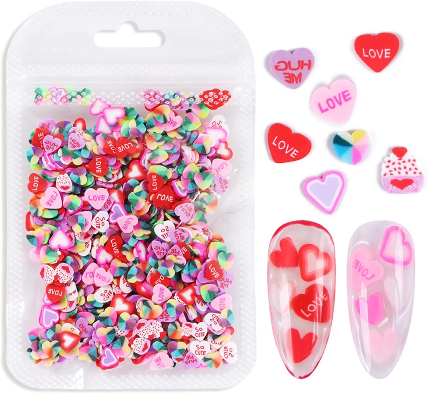 480Pcs Colorful Heart Nail Art Charms for Manicure Decoration Valentine's Day 3D Pink Red Heart Polymer Clay Nail Charms Bag-Packed Love Soft Clay Slices Nail Art Accessories Mixed Style DIY