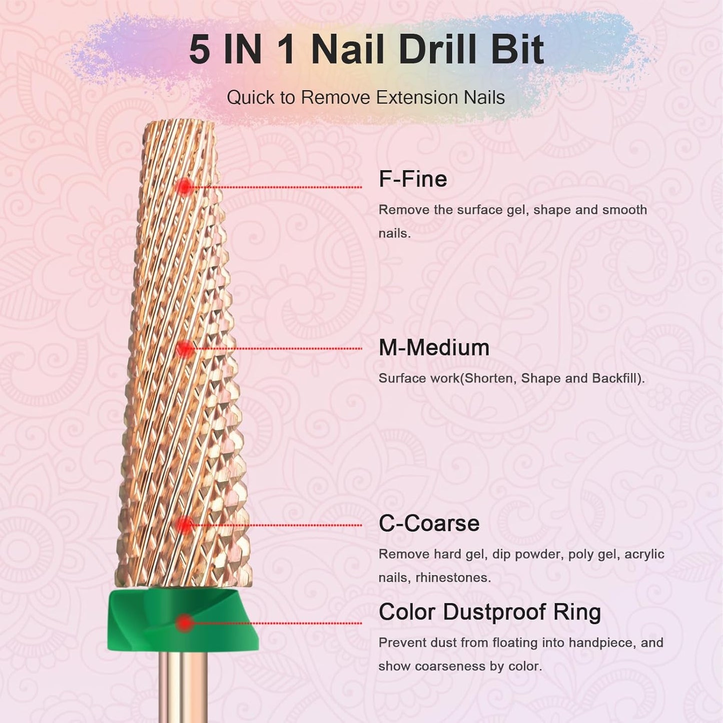 Depvko Super Long 5 in 1 Nail Drill Bits, 3/32'' Carbide Tungsten Bits, Two Way Rotate Professional Advanced Safety Bits for Nail, Fast Remove for Manicure Pedicure (Long 5in1-Rose Gold, Coarse-C)