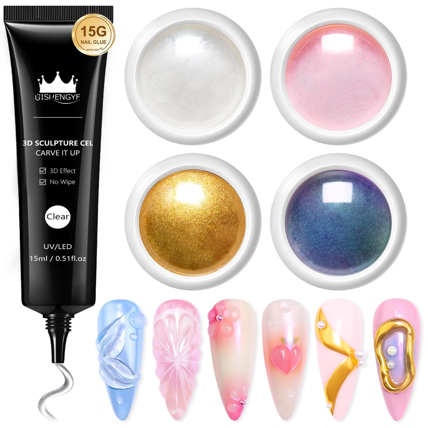 3D Nail Gel and Chrome Nail Powder Kit BISHENGYF: 15g No Wipe 3D Sculpting Gel White Aurora Pink Chameleon Gold Chrome Nail Powder with Clear 3D Carving Nail Molding Glue Set for Nail Art Decoration