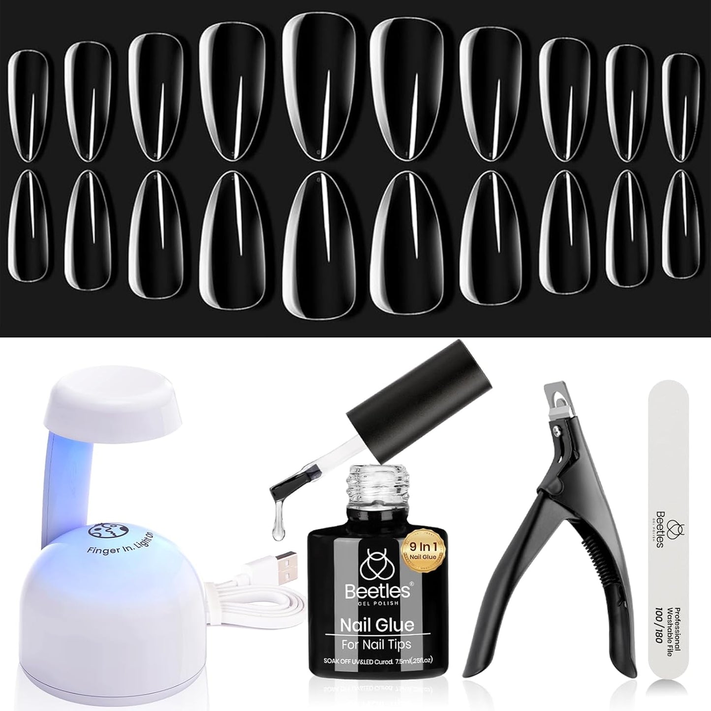 Beetles Gel Nail Kit Clear, Almond Medium, 240pcs 10 Sizes, with 9 in 1 Glue Mini UV&LED Lamp, Fall Nails, Acrylic False Tips Kit Easy Nail Extension Set for Home DIY Salon Gift for Girls