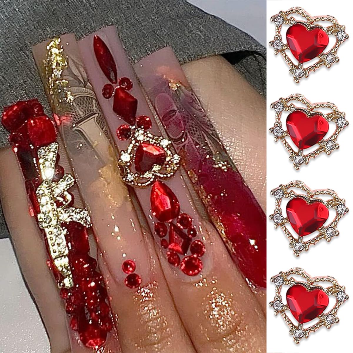 Valentines Gold & Silver Heart Nail Charms - 14 Pcs Luxury Alloy 3D Rhinestones for Crown Nails Art