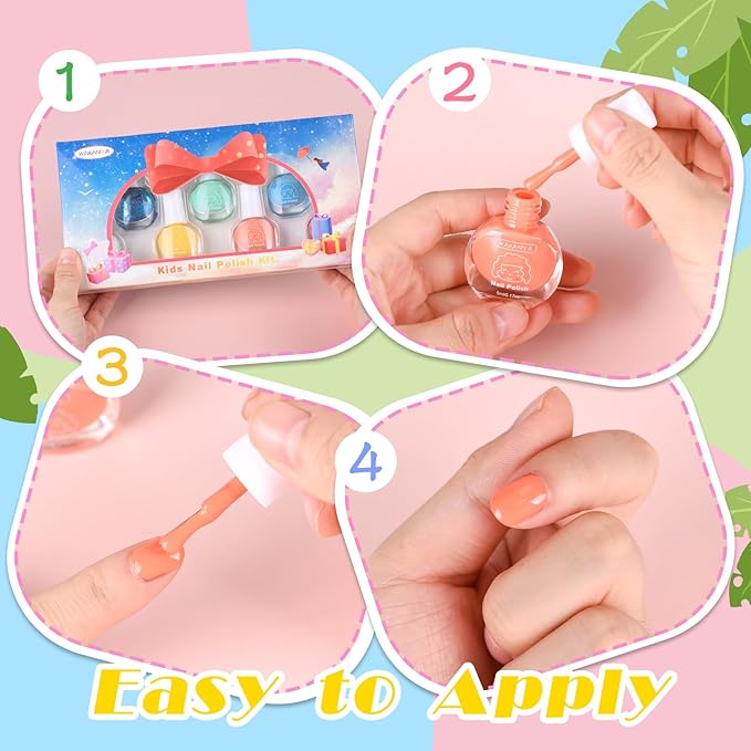 wakaniya Kids Nail Polish for Girls, Mini Nail Polish Set with Clear Non-Toxic Nail Polish Kit, Water-Based Peel-Off Quick Dry Low Odor Nail Polish Set Ages 3+