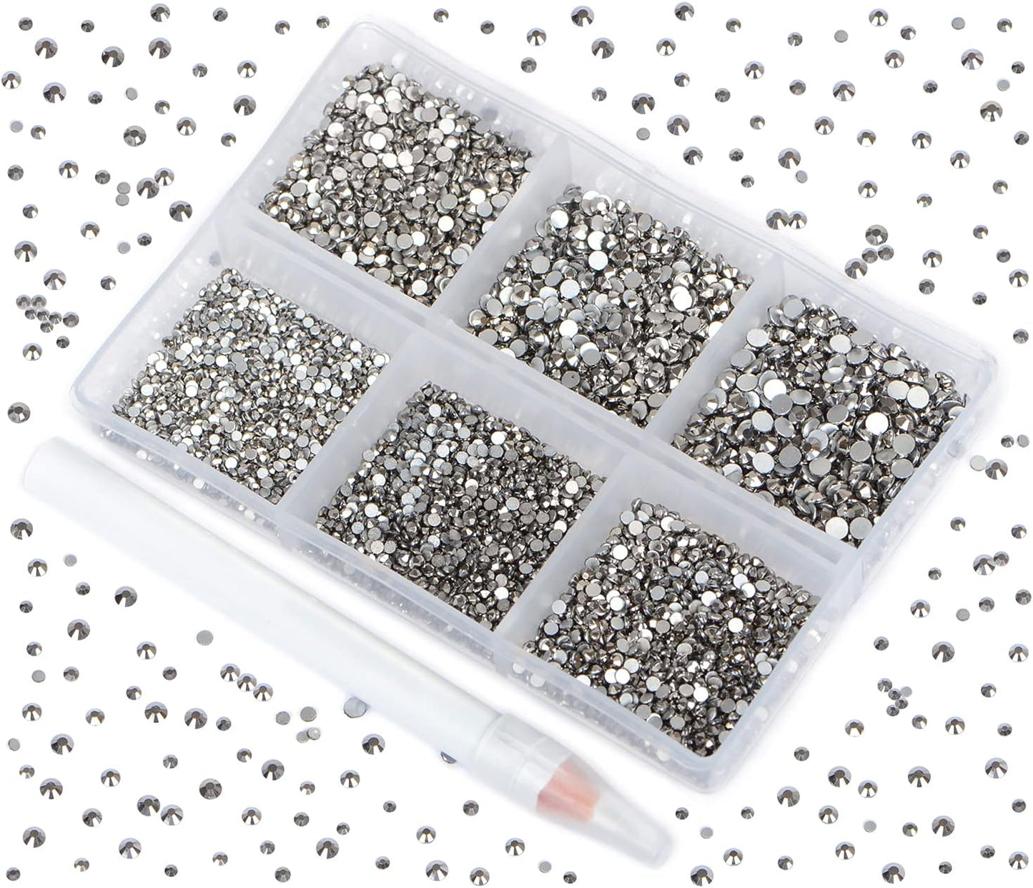 Bymitel 7200 Pieces 6 Mixed Sizes Glue Fix on Glass Rhinestones Round Crystal Gems Flatback for DIY Jewelry Making with one Picking Pen(6-Sizes 7200PCS, Jet Hematite)
